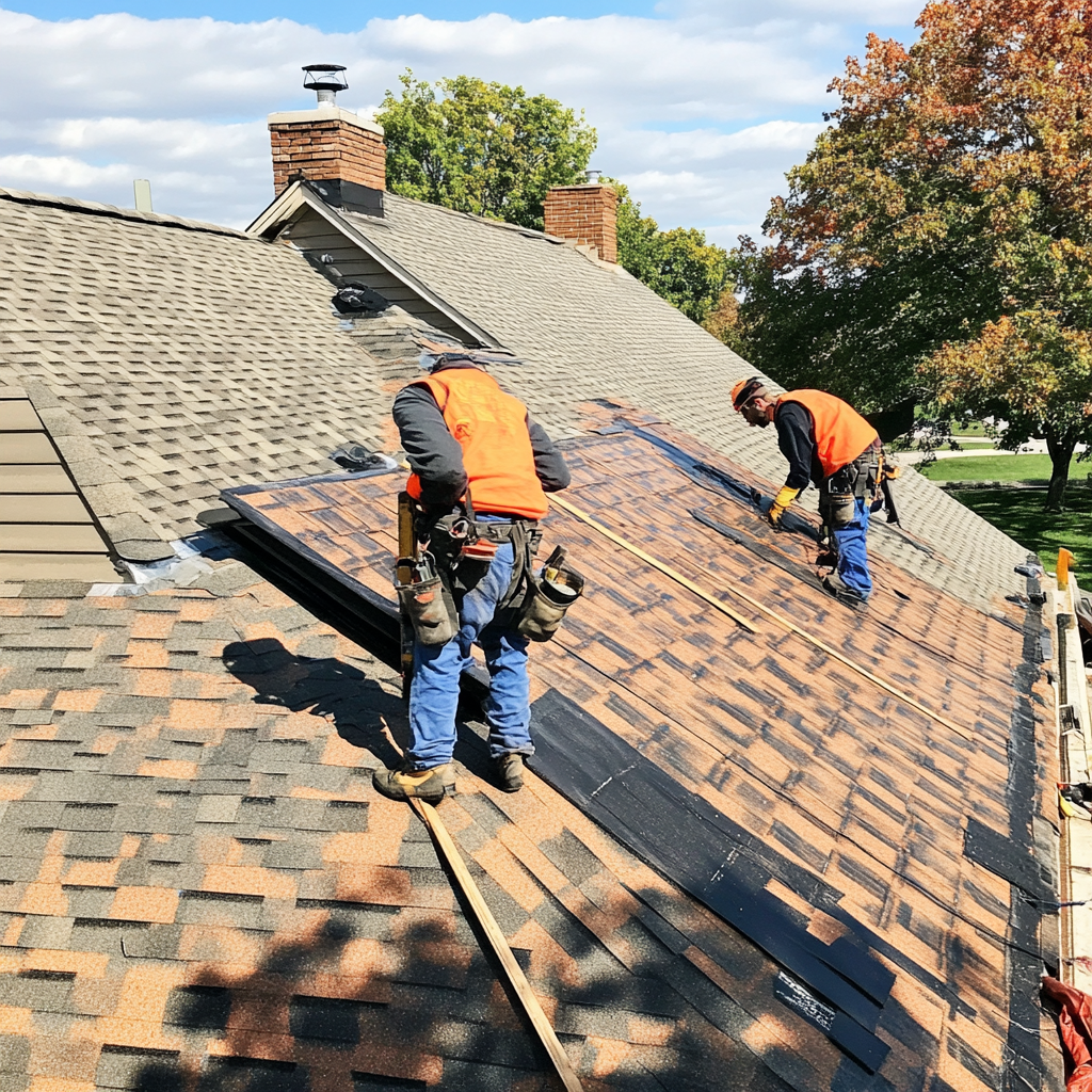 Roofing team at work